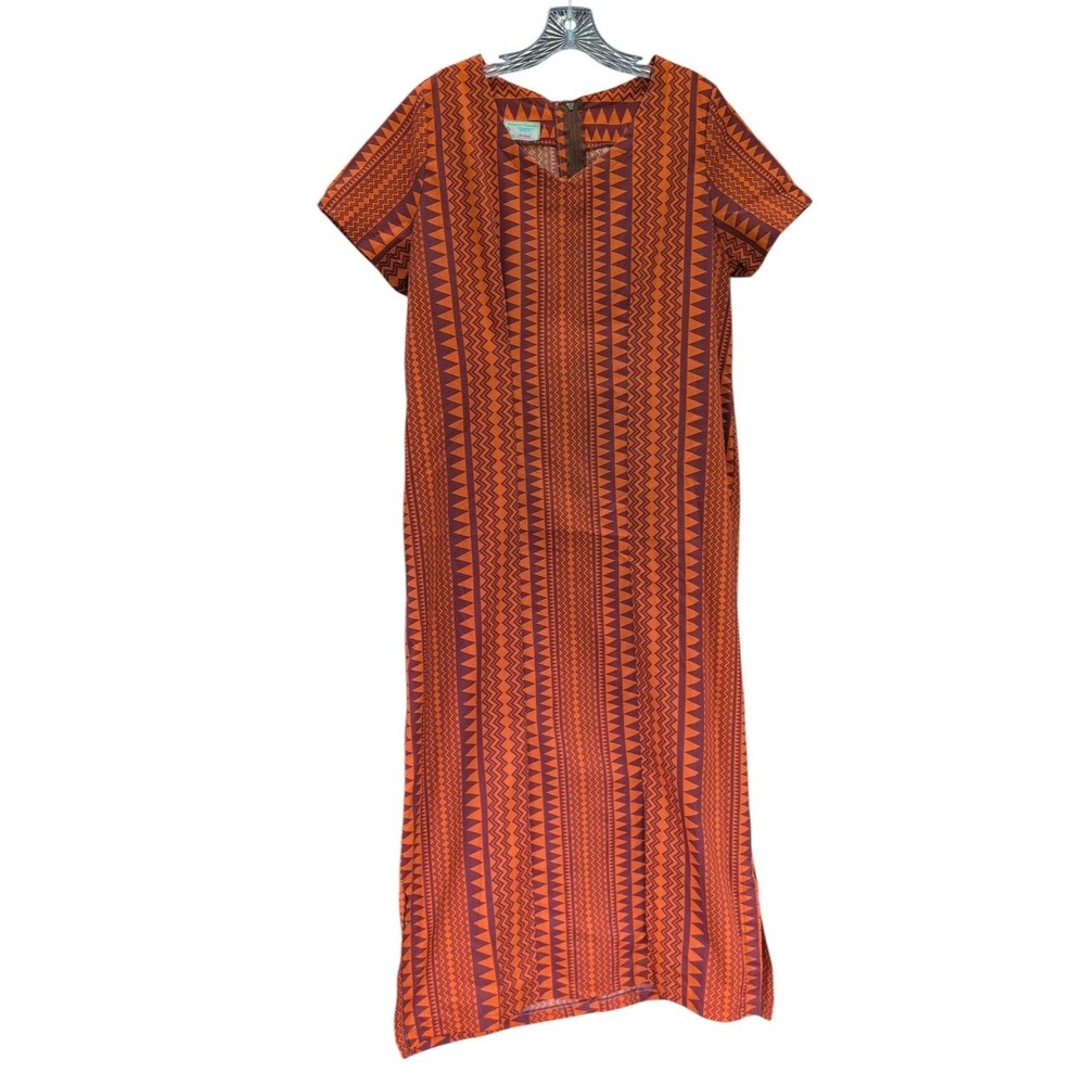 Hokulani Cheneviere Hilo Hawaiian Maxi Dress Orange Brown Tribal Print Mumu